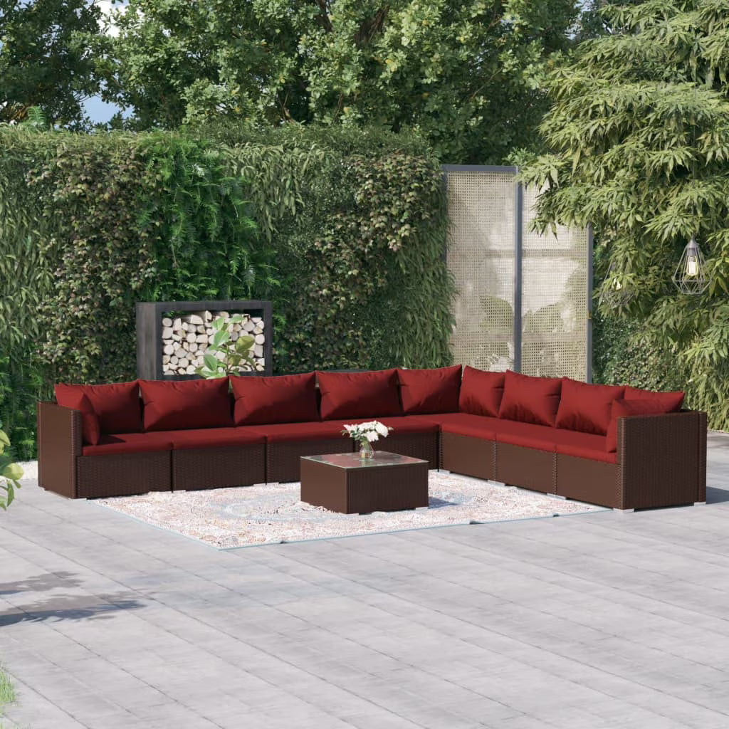 9 Piece Patio Set with Cushions Poly Rattan Brown T60365