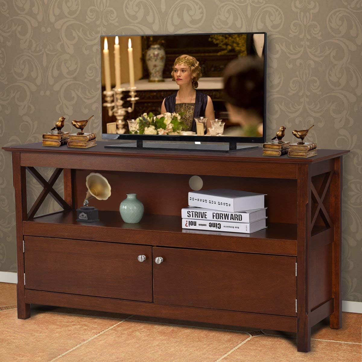 White Wooden TV Stand with 2 Doors & Shelf S7273