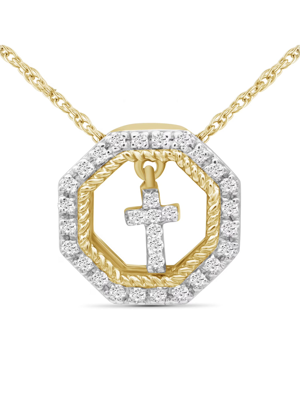 14K Gold Plated Diamond Cross Pendant Necklace with 18” Rope Chain W70396