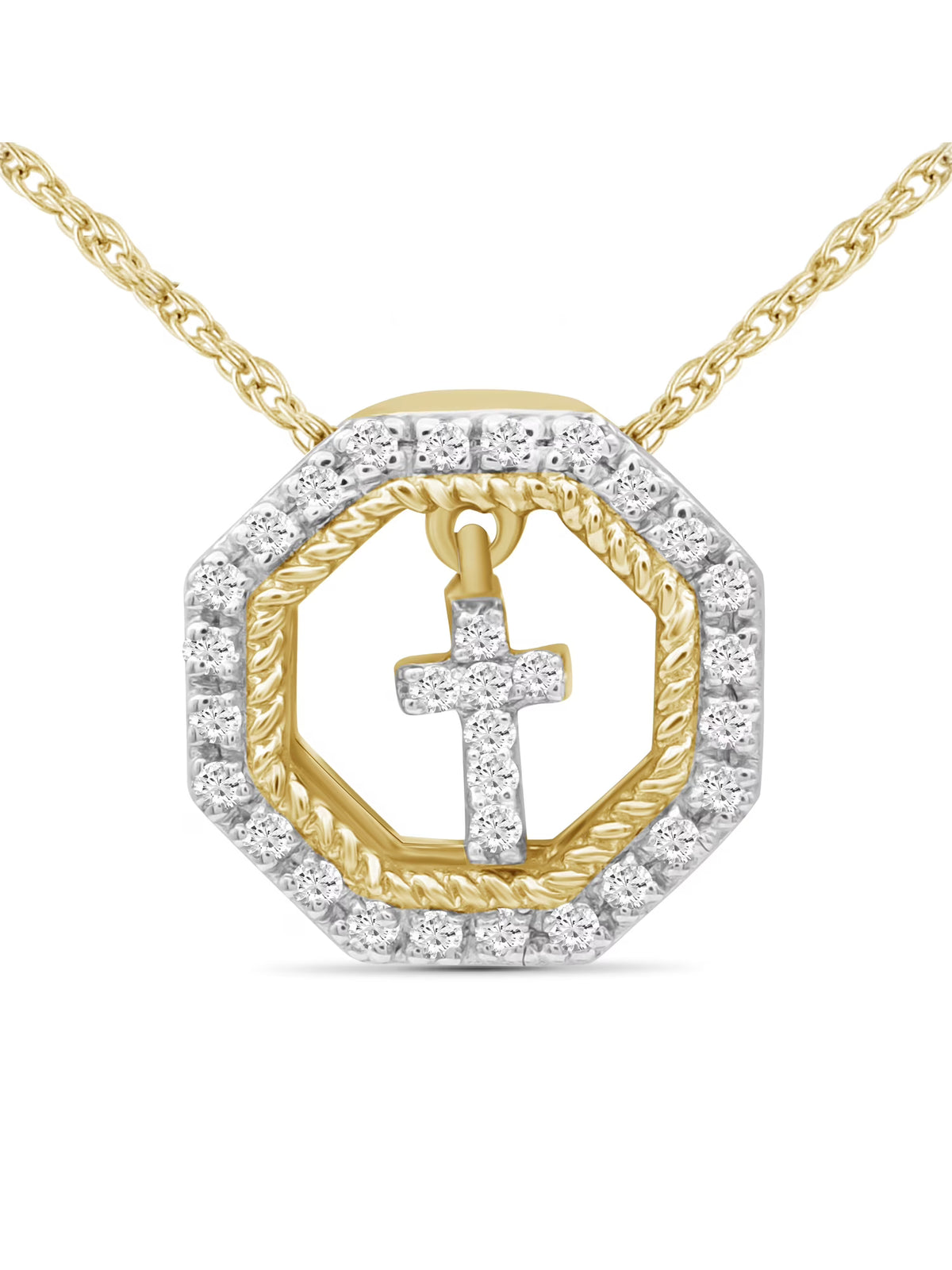 14K Gold Plated Diamond Cross Pendant Necklace with 18” Rope Chain W70396