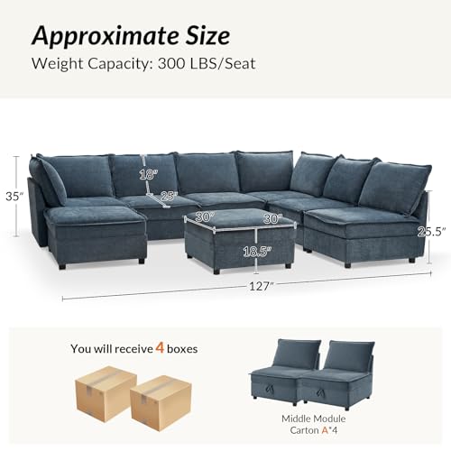 127'' Beige Chenille Modular Sectional Sofa with Storage Ottoman L5730