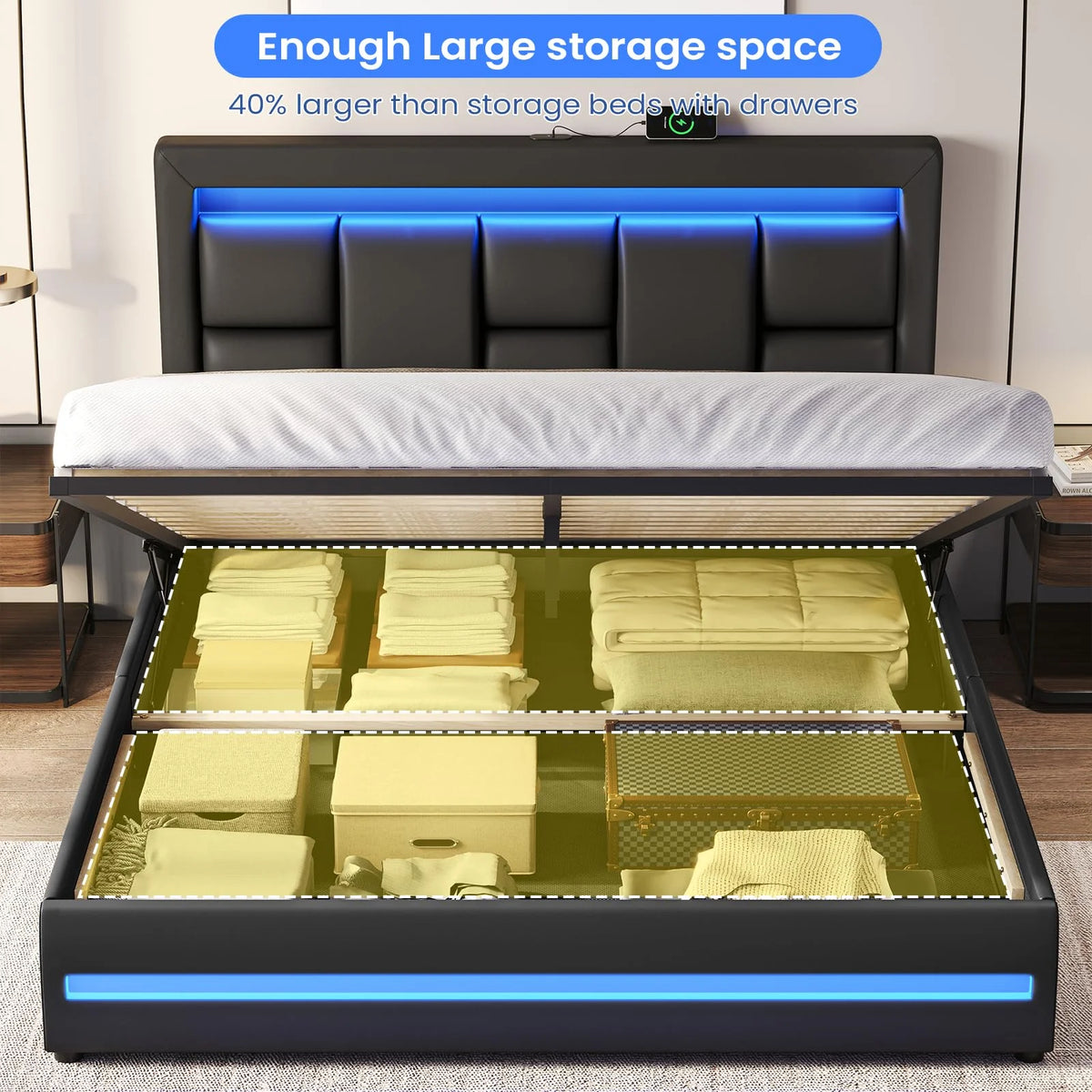 Queen Size Lift Up Storage Upholstered Platform Bed Frame with Charging Ports and LED Lights Y33100