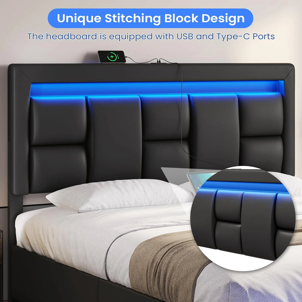 Queen Size Lift Up Storage Upholstered Platform Bed Frame with Charging Ports and LED Lights Y33100