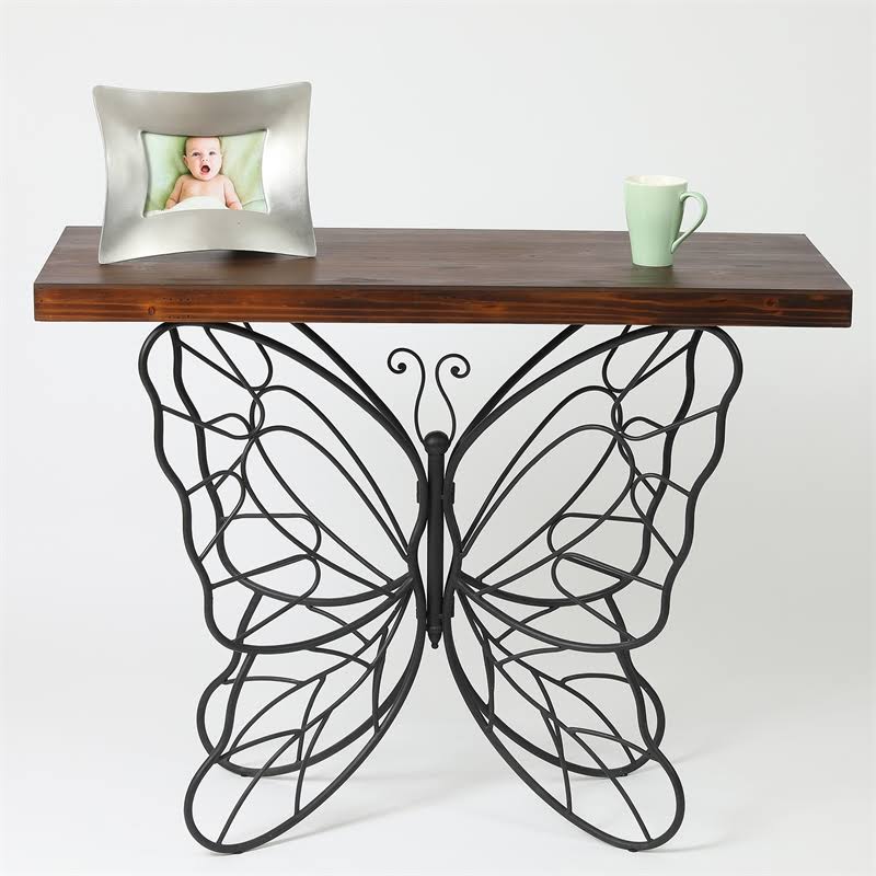 Dark Wood Tabletop Black Metal Butterfly Accent Table Q7909