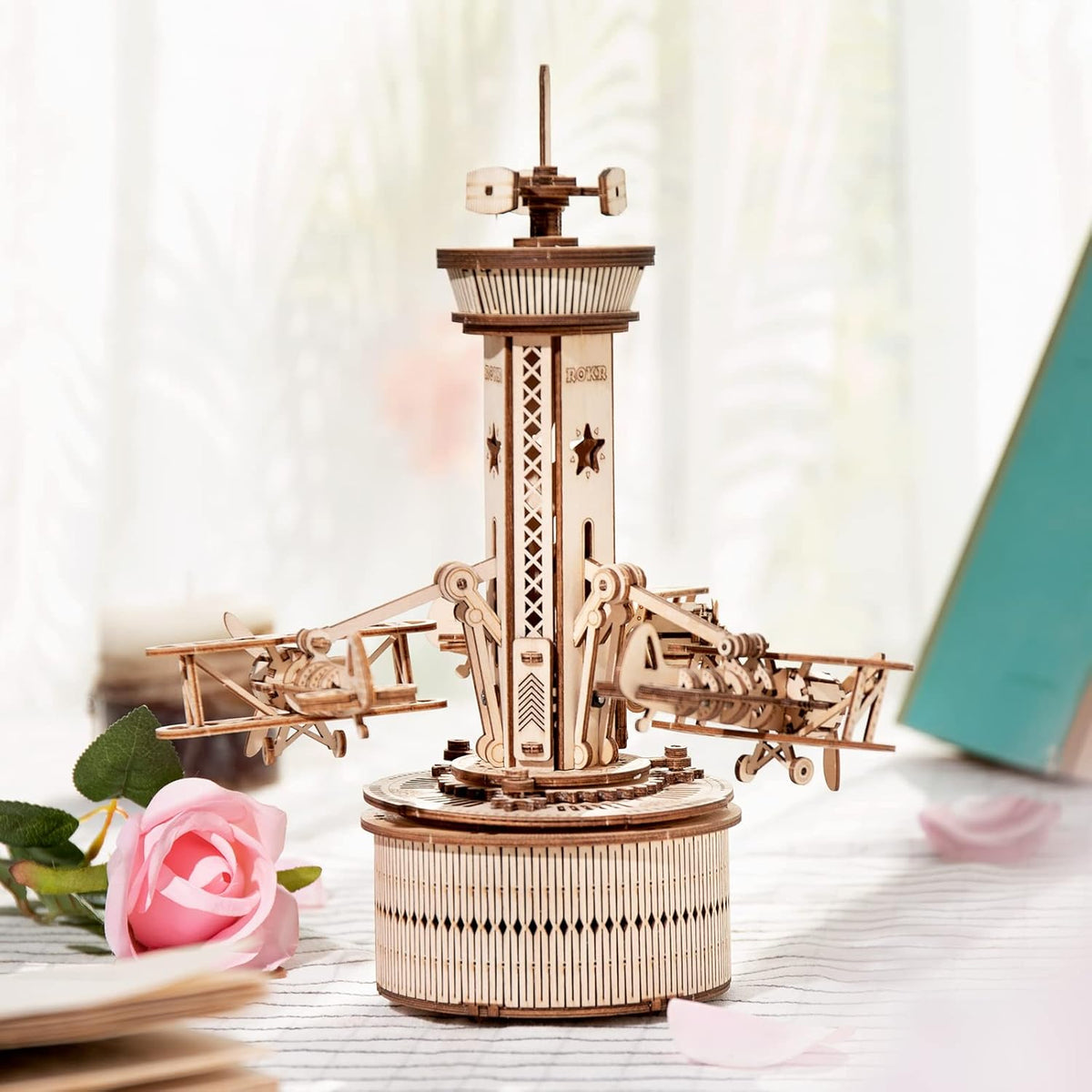3D Wooden Puzzles Music Box DIY Model Craft Kits Mechanical Airplane-Control Tower I217287