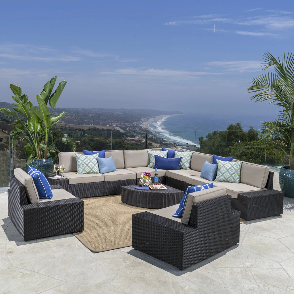 10 Piece Wicker Sofa Set with Cushions, Dark Brown, Beige O81206