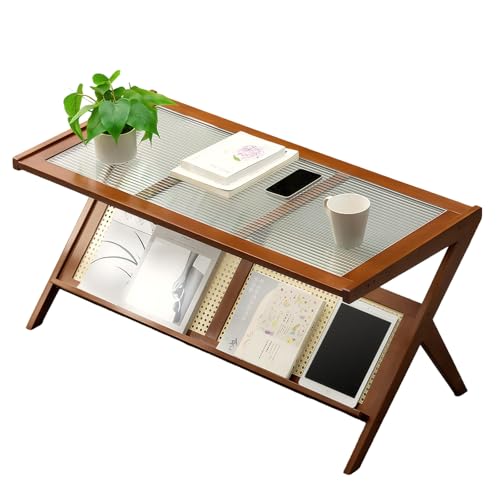 Boho Rattan Coffee Table with Glass Top & Rattan Shelf Q699