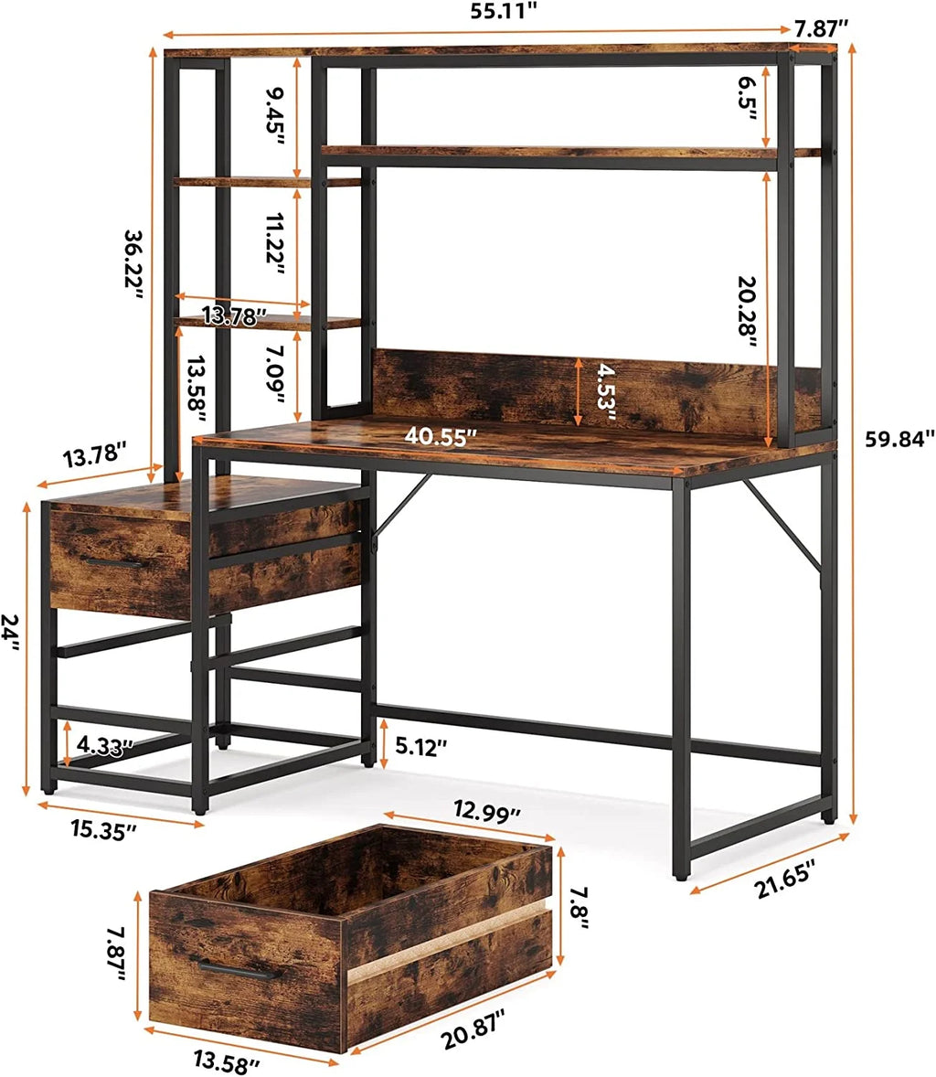 55 Inch Computer Desk with 2 Drawers and Storage Shelves T39896