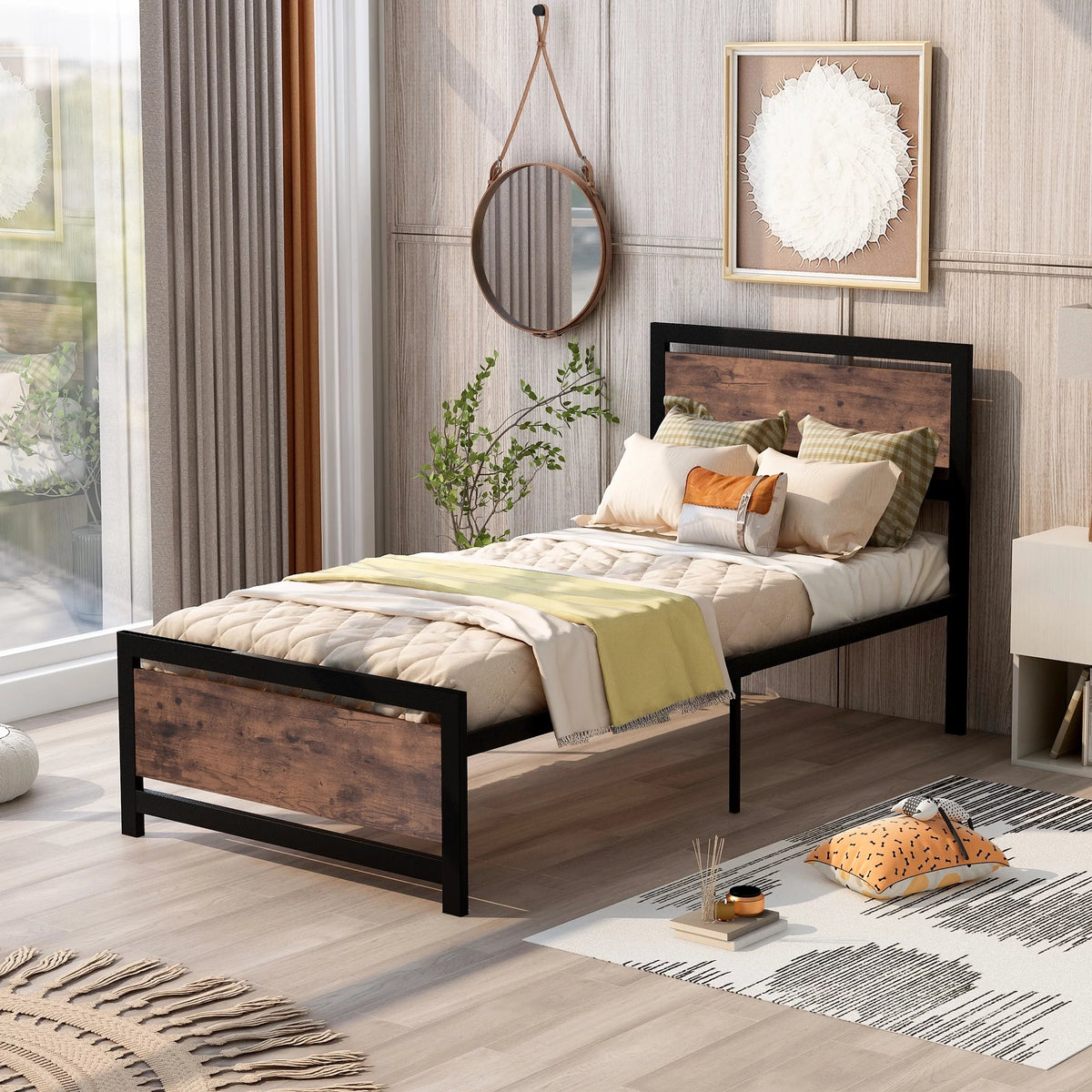 Black Twin Size Metal and Wood Platform Bed with Headboard and Footboard C132923