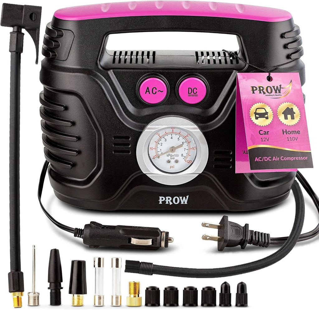 Electric Air Compressor Portable Tire Inflator 12V 110V Car and Bike Pump Presta and Schrader Valve Analog Pressure Gauge P289
