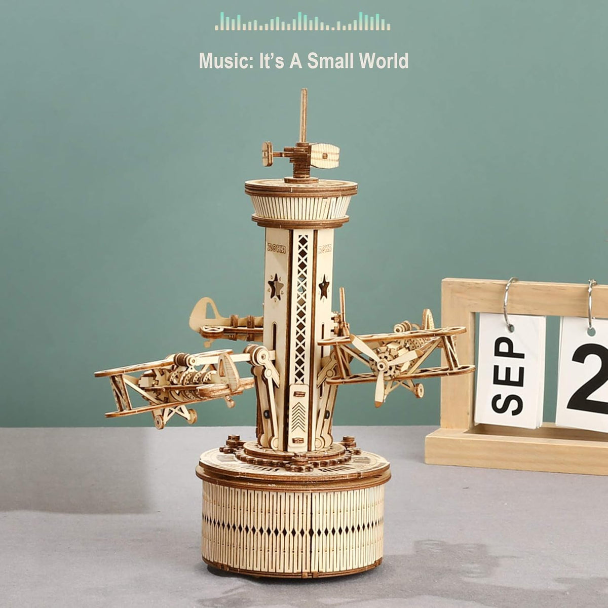 3D Wooden Puzzles Music Box DIY Model Craft Kits Mechanical Airplane-Control Tower I217287