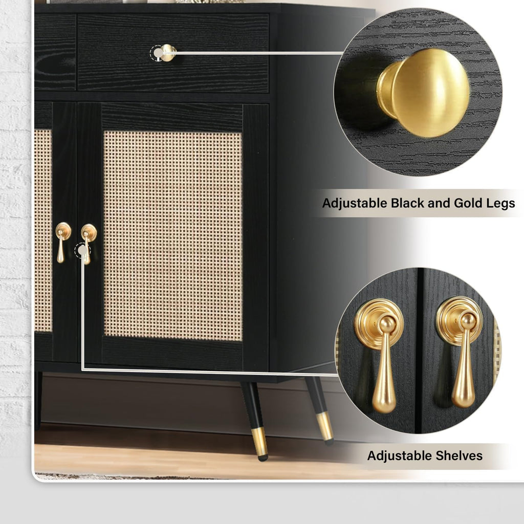 Black Sideboard Storage Cabinet with 4 Rattan Doors and 2 Drawers T833344