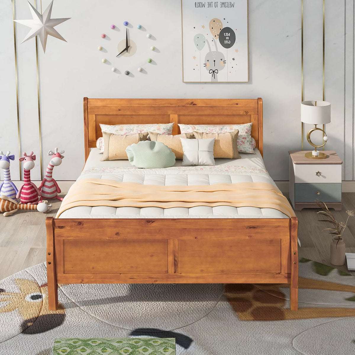 White Full Size Platform Bed Frame with Wood Headboard and Footboard E85039