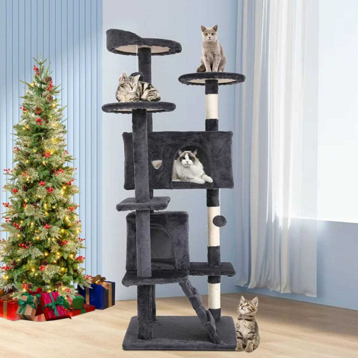 54-in Double Condo Cat Tree Tower Playhouse with Scratching Post & Perch E2760