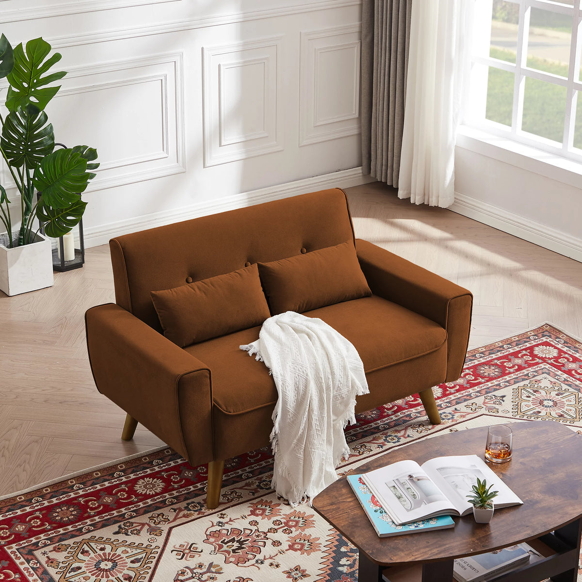 47" Orange Linen Fabric Tufted Loveseat Sofa I85248