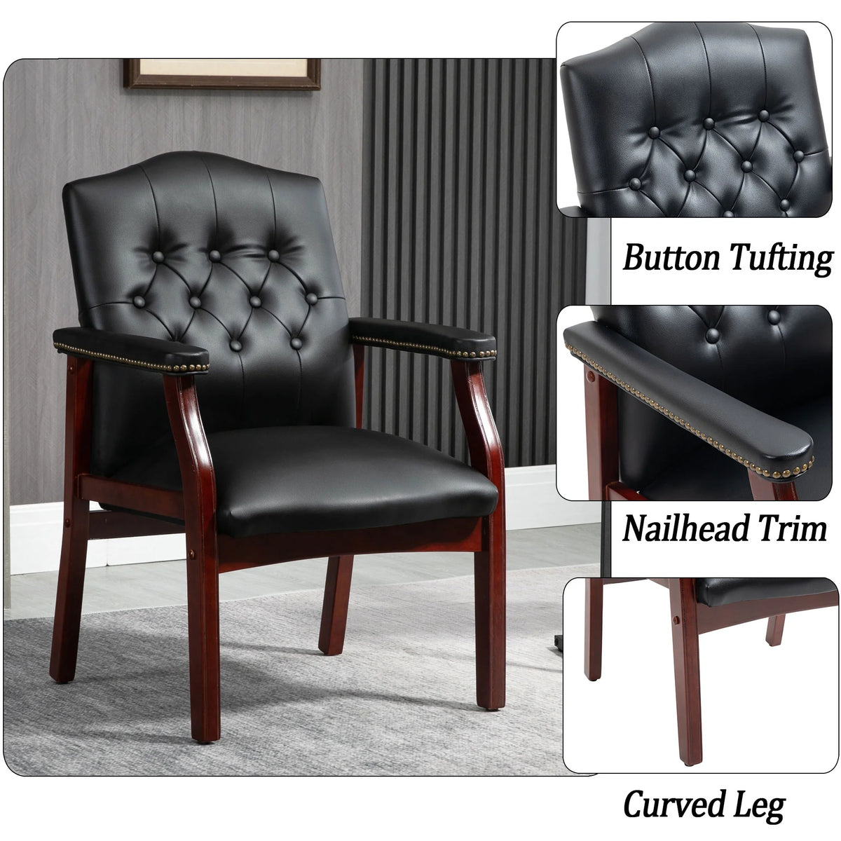 Black Leather Office Guest Chair with Padded Seat and Arms E31002