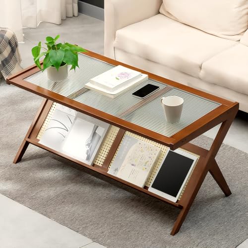 Boho Rattan Coffee Table with Glass Top & Rattan Shelf Q699