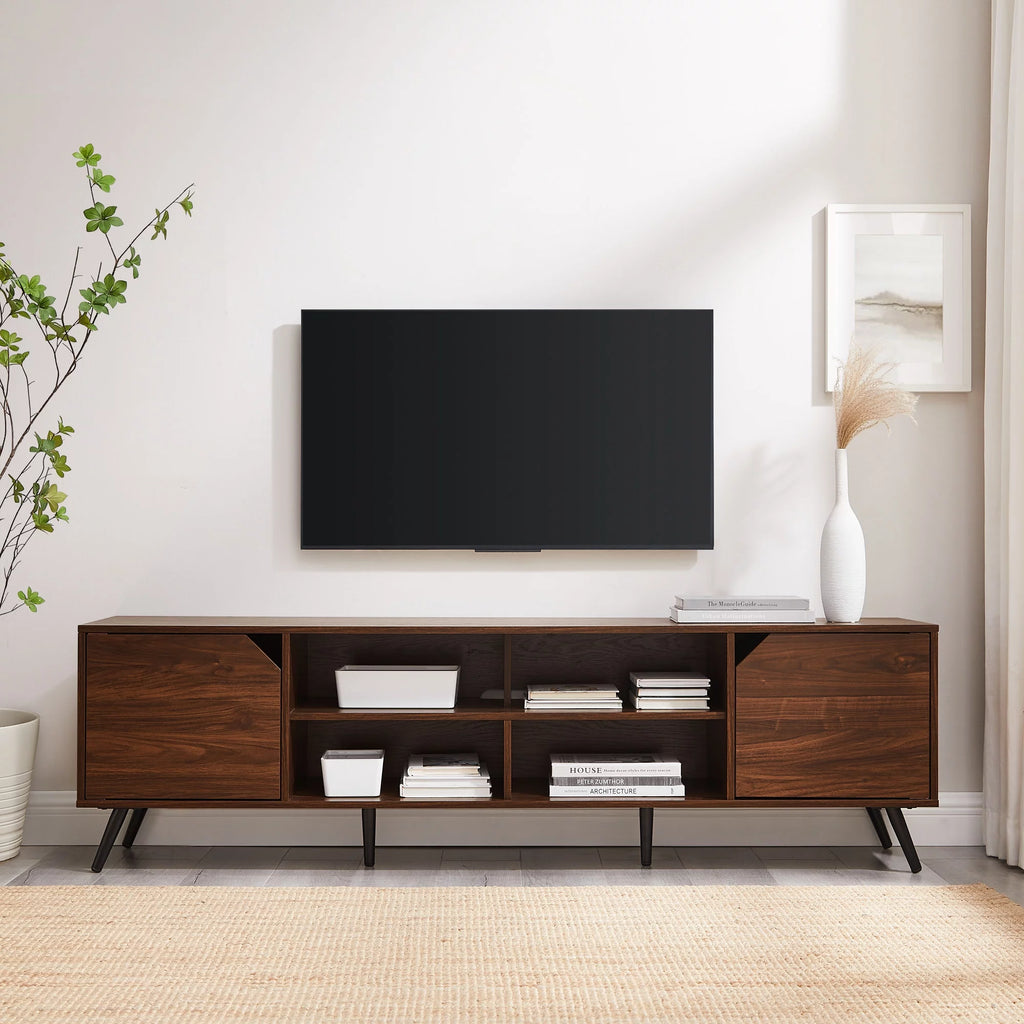 Mid-Century Modern Angle-Door TV Stand, Dark Walnut Y380563