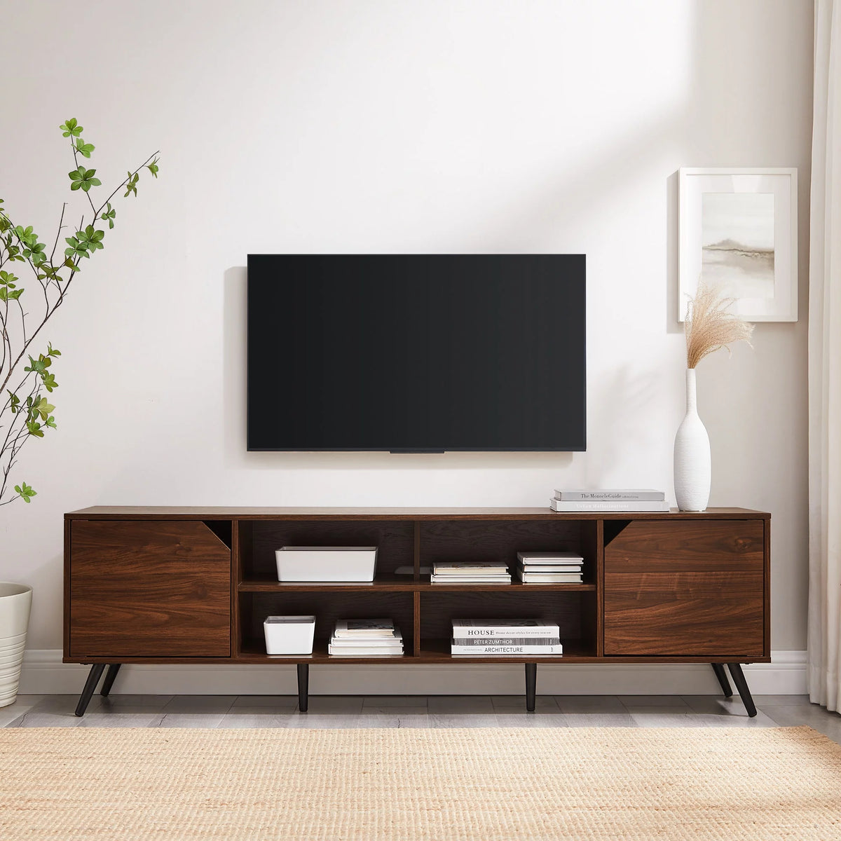 Mid-Century Modern Angle-Door TV Stand, Dark Walnut Y380563