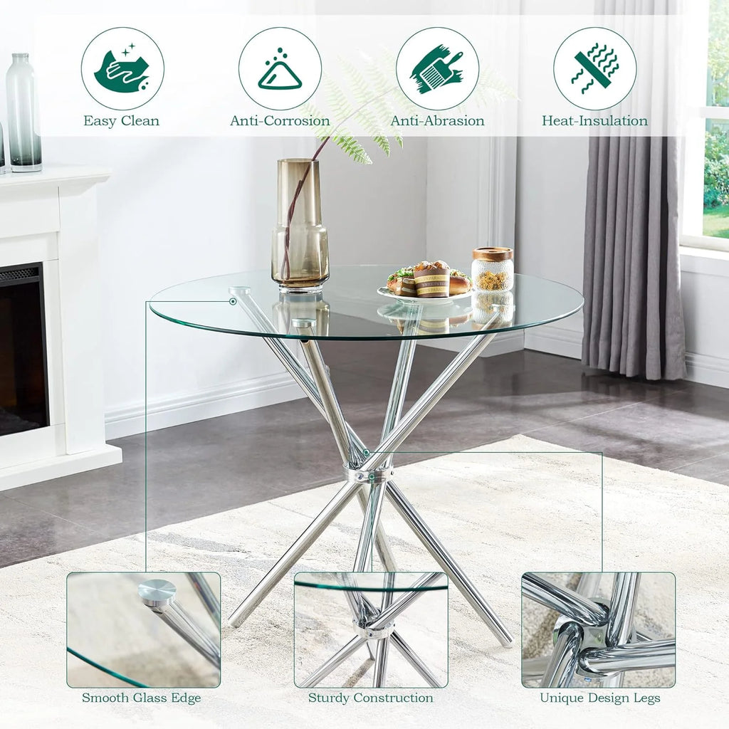Round Glass Dining Table with Tempered Glass Top and Chrome Plated Metal Legs Y139