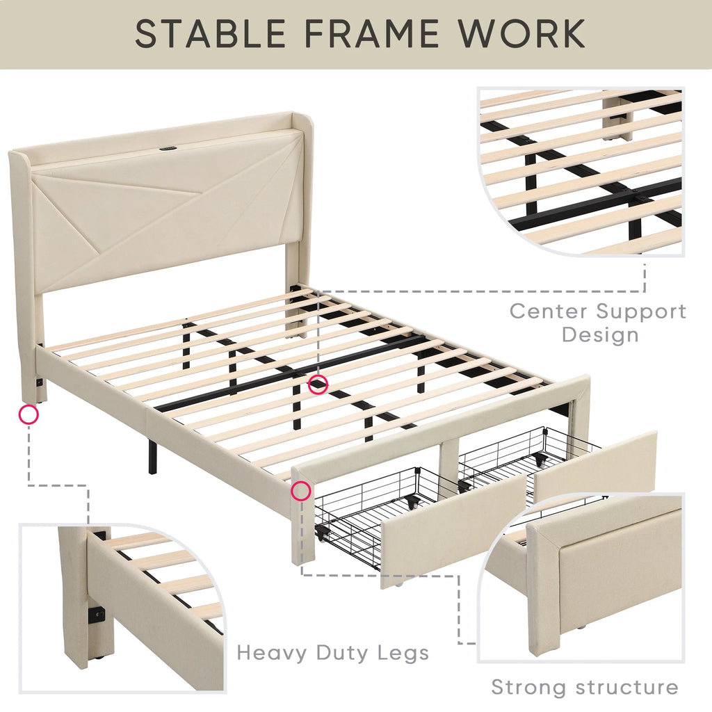 Beige Full Size Bed Frame with 2 Storage Drawers P556998