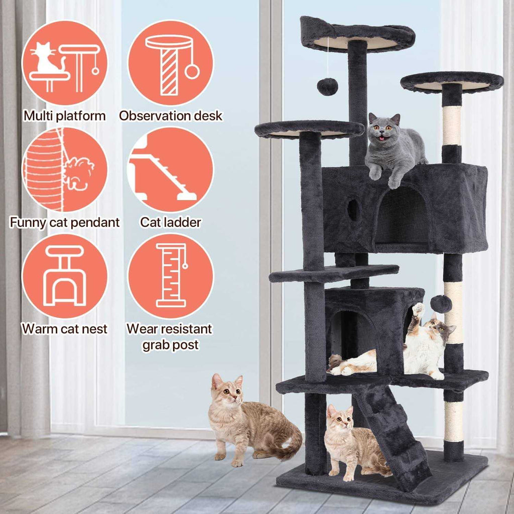 54-in Double Condo Cat Tree Tower Playhouse with Scratching Post & Perch E2760