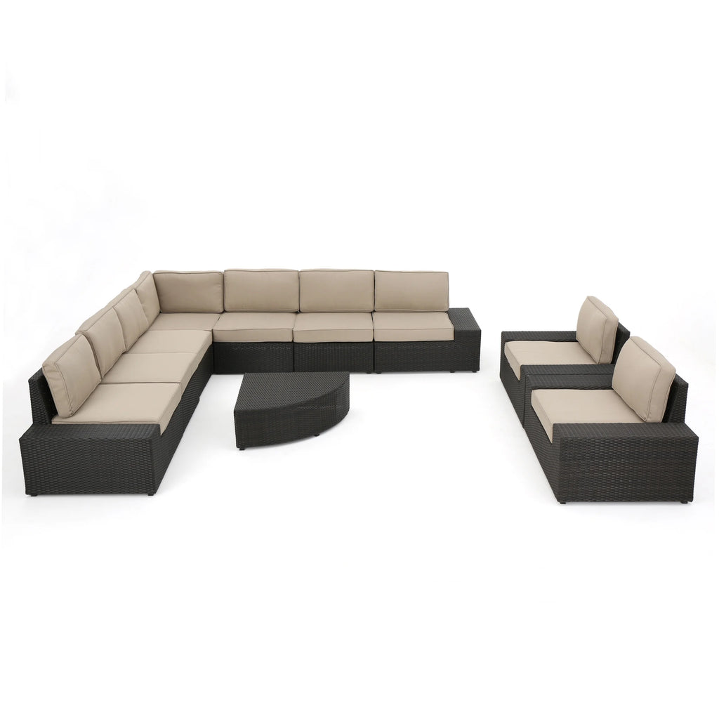 10 Piece Wicker Sofa Set with Cushions, Dark Brown, Beige O81206