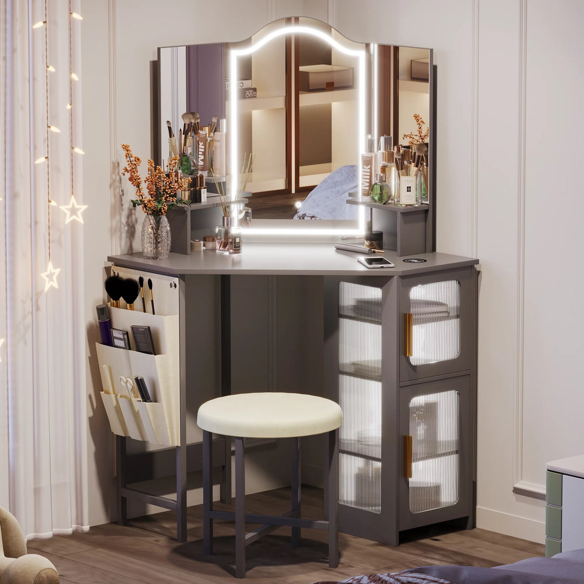 White Makeup Vanity Desk with Stool O274157