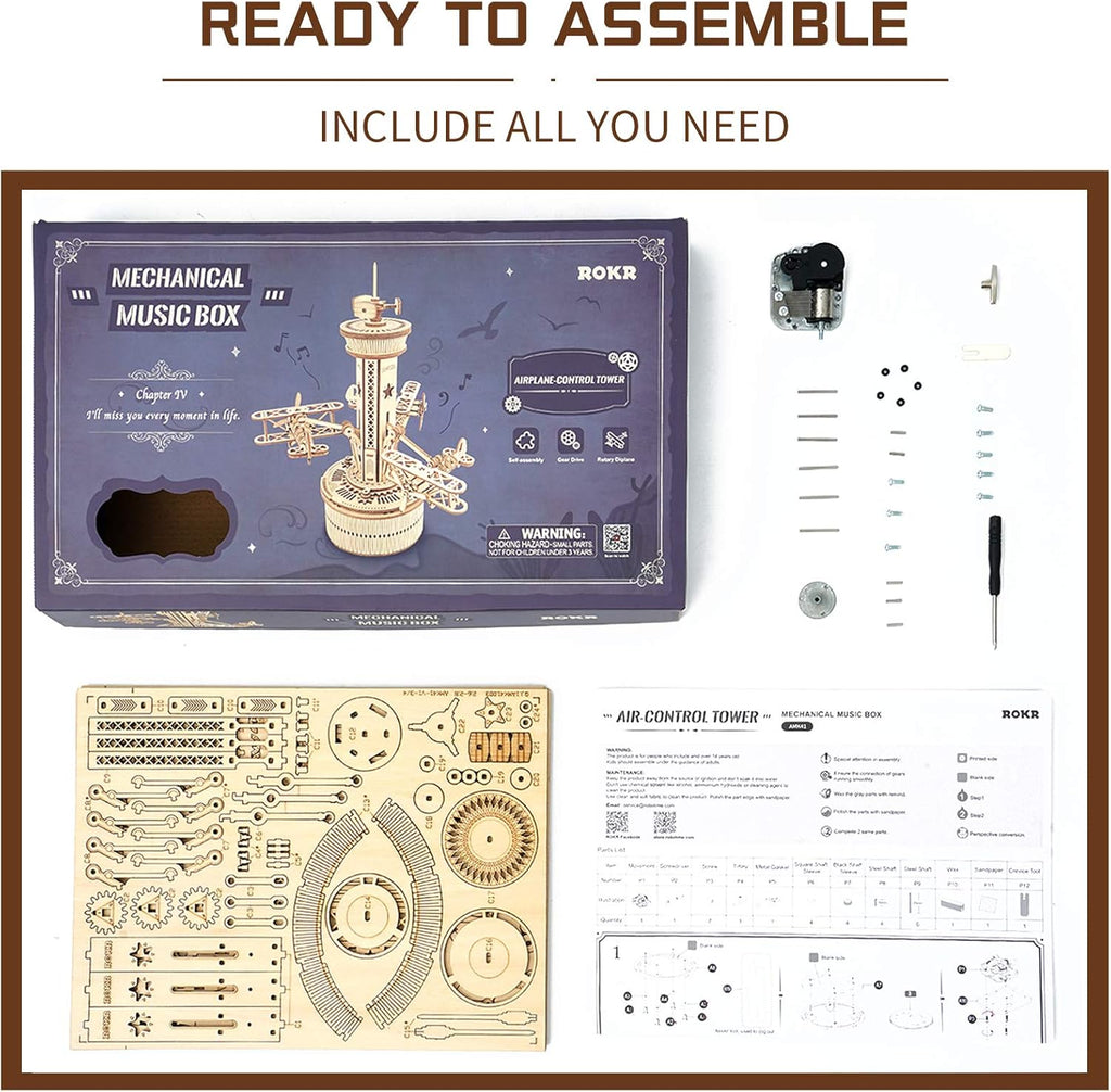 3D Wooden Puzzles Music Box DIY Model Craft Kits Mechanical Airplane-Control Tower I217287