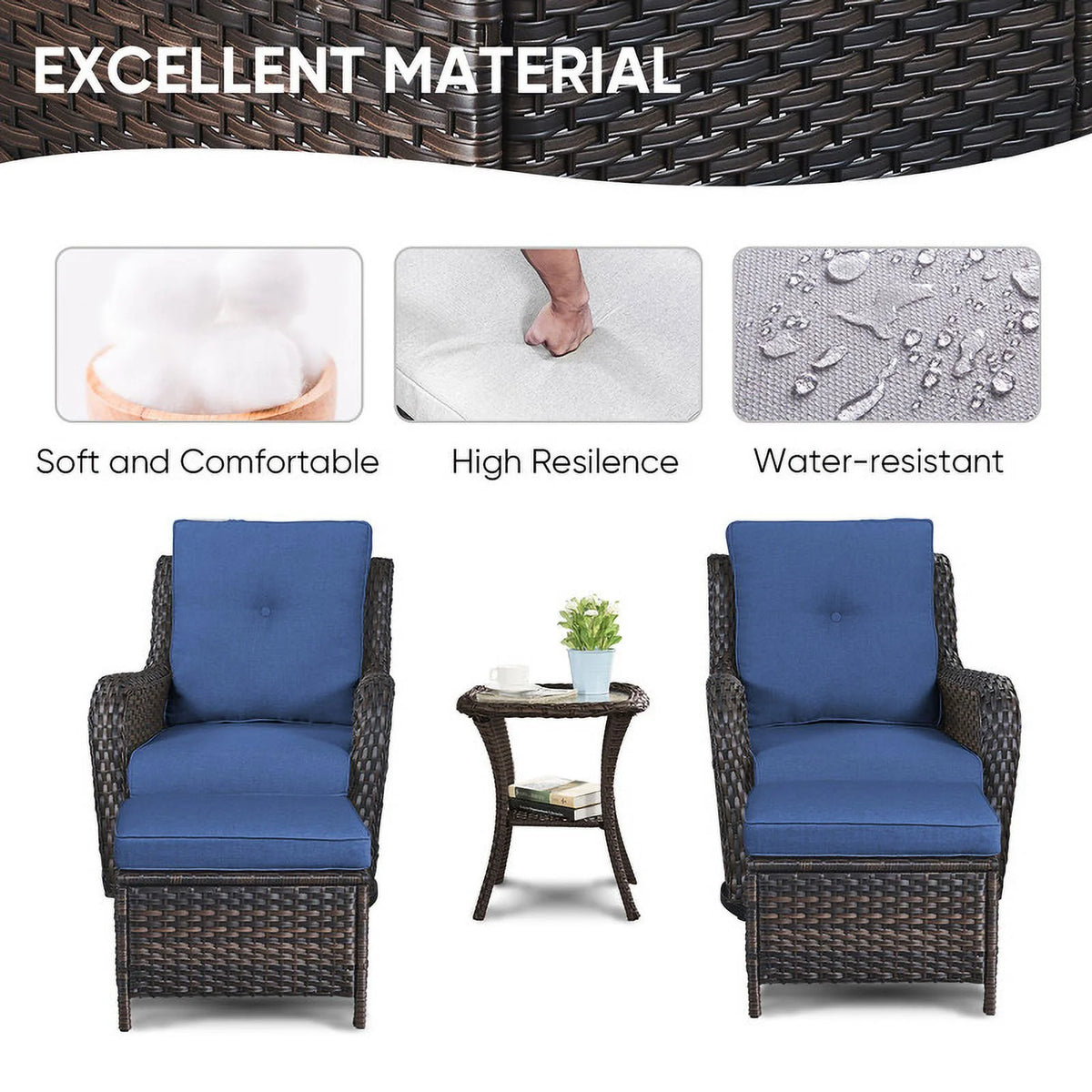 5-Piece Wicker Outdoor Conversation Set with Blue Cushions F39557
