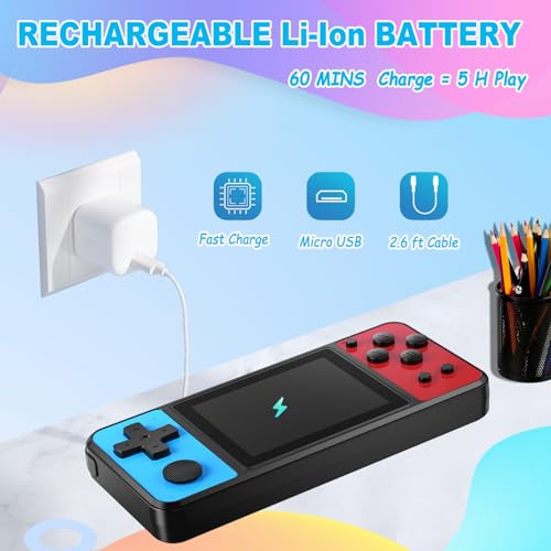 32 Bit Kids Handheld Games Preloaded 139 Video Games Portable Electronic Toys with 3.0" IPS Screen Rechargeable Battery (Blue-Red) W7739