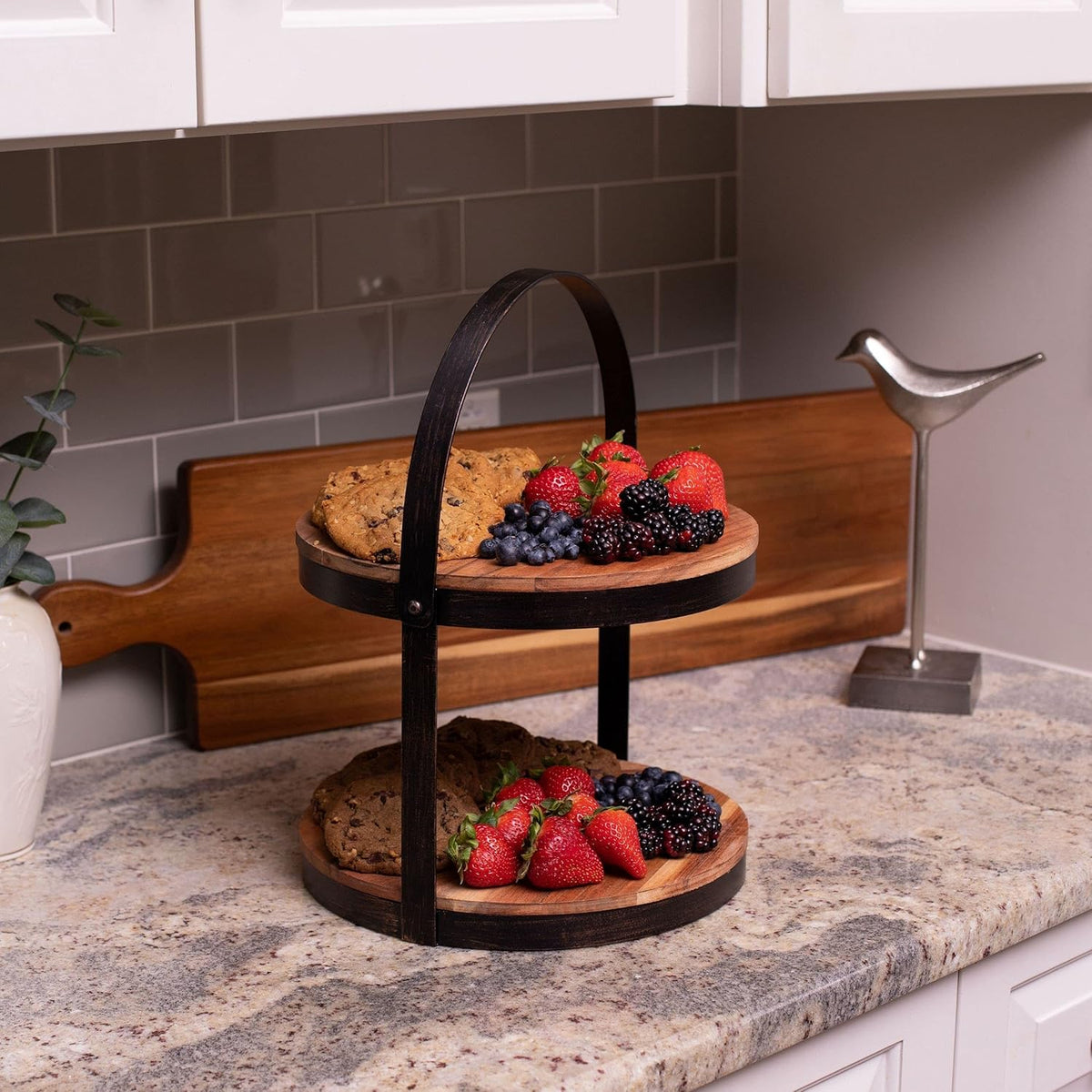2-Tier Wood Iron Cupcake and Cake Stand with Handle M279308