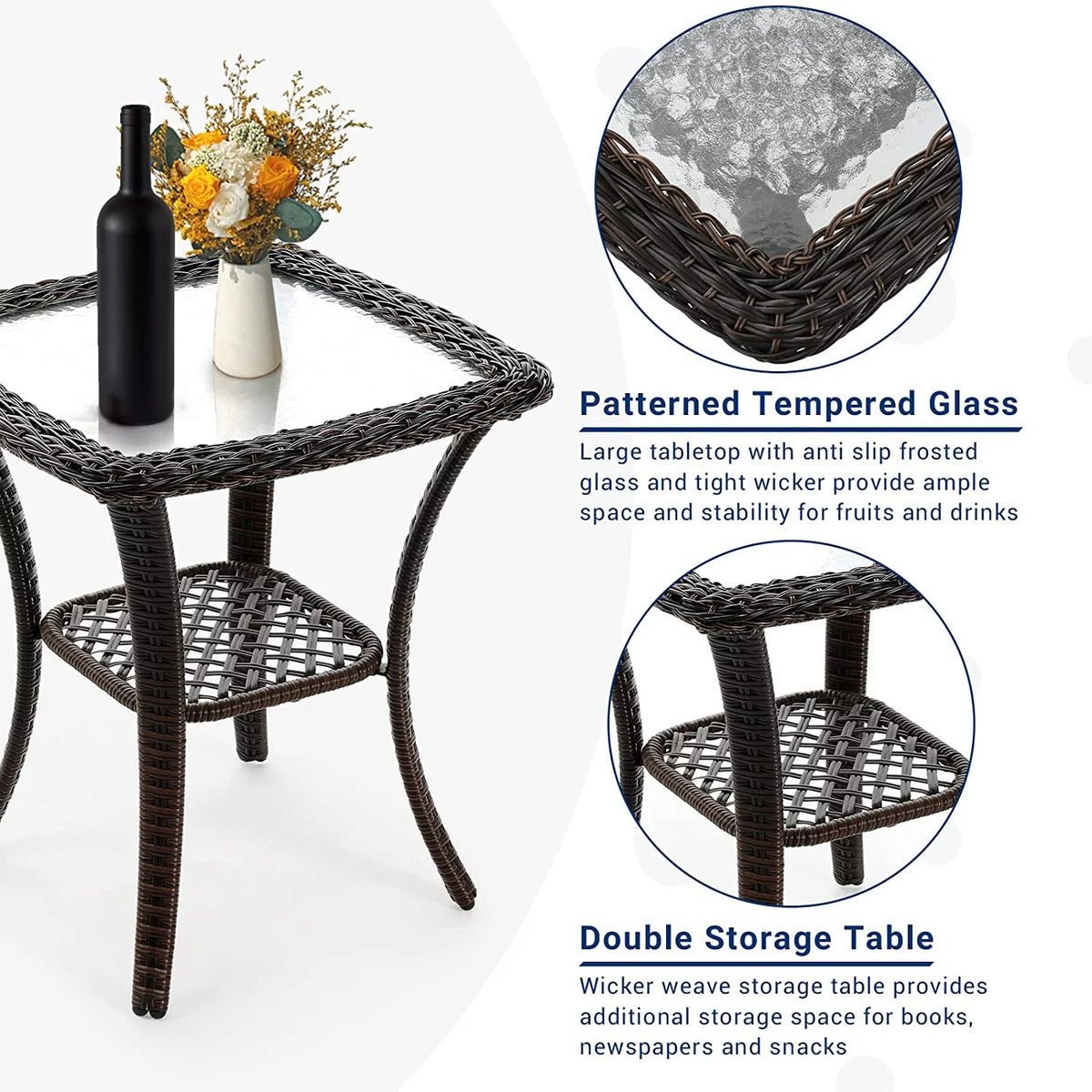 3 Pieces Wicker Patio Bistro Set with Glass Top Side Table I1536