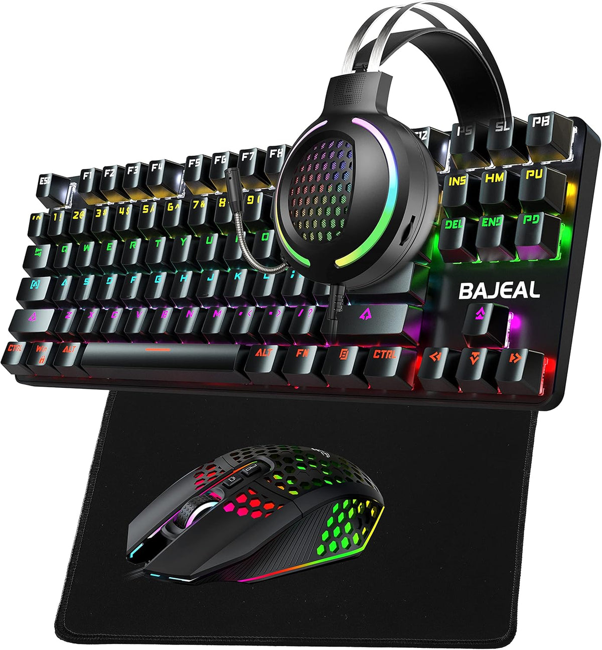 Gaming Mechanical Keyboard and Mouse Headset Mousepad Combo, 4 in 1, RGB Backlit Green axis, Wired, 8000 DPI, USB 7.1 Surround Sound Headphone with Mic, Black, Pack of 2 Q636068