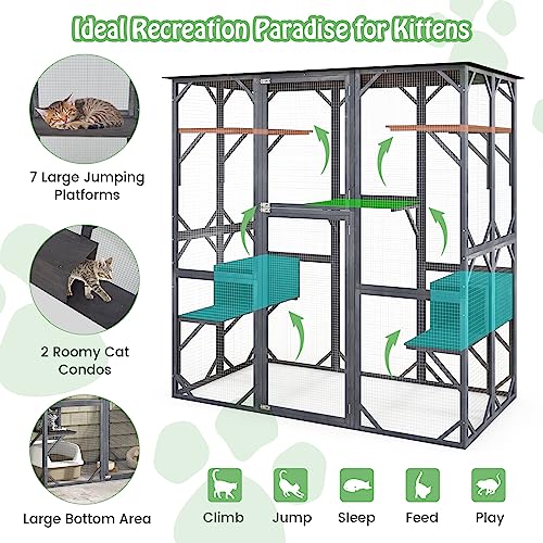 72 Inch Tall Wooden Cat Enclosure with Weatherproof Asphalt Roof M808