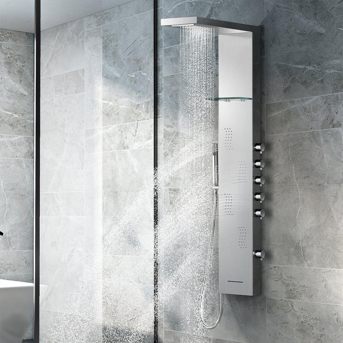 Brushed Nickle Stainless Steel Shower Panel Tower System with Rainfall Shower Head, 4 Body Jets, Waterfall Tub Spout U21016