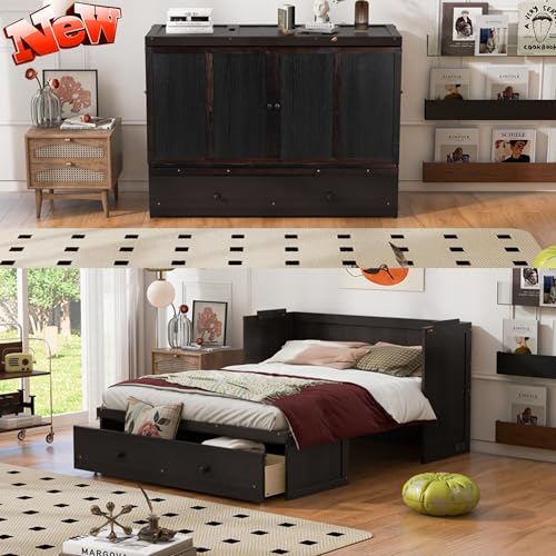 Queen Size Wooden Murphy Bed with USB Charging Station and Drawer G61467