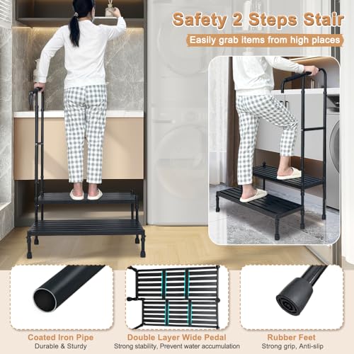 Two Step Stool with Handle Adjustable Wide Platform Q903