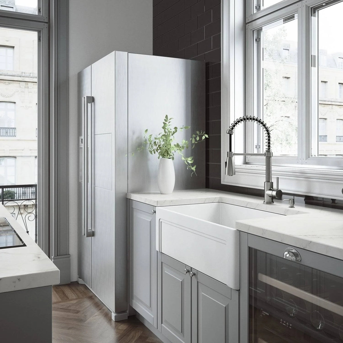 30 in. Matte Stone Farmhouse Kitchen Sink Set with Faucet in Stainless Steel G299811