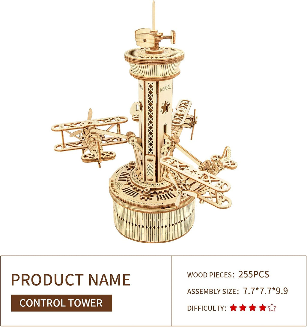 3D Wooden Puzzles Music Box DIY Model Craft Kits Mechanical Airplane-Control Tower I217287