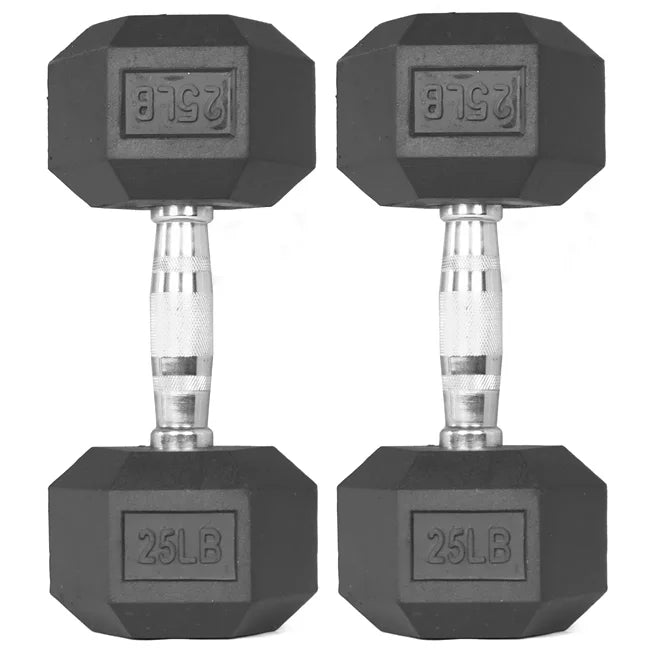 25 LB Pair Black Rubber Coated Hex Dumbbell U152