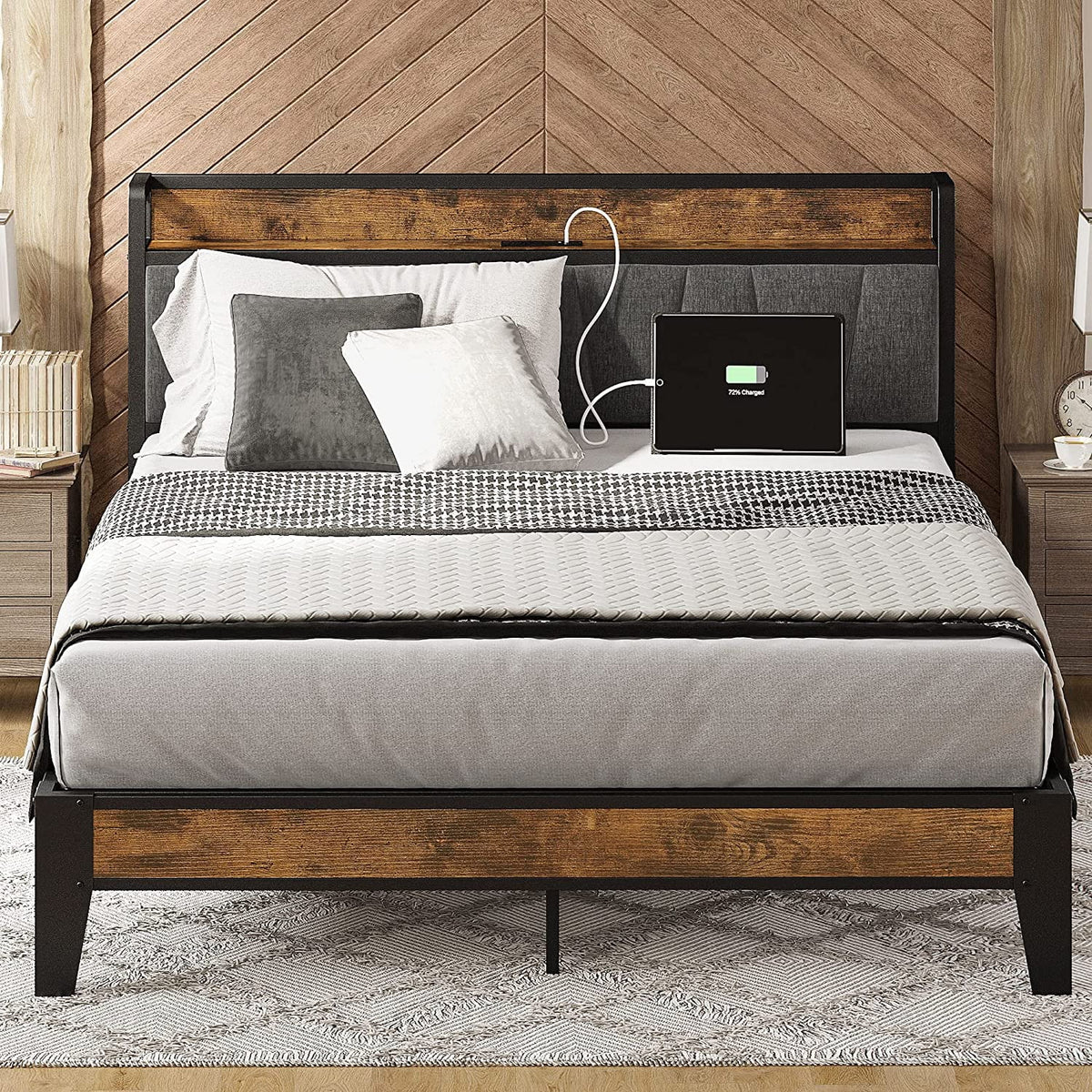 Queen Bed Frame with Storage Headboard and Charging Station Z1156