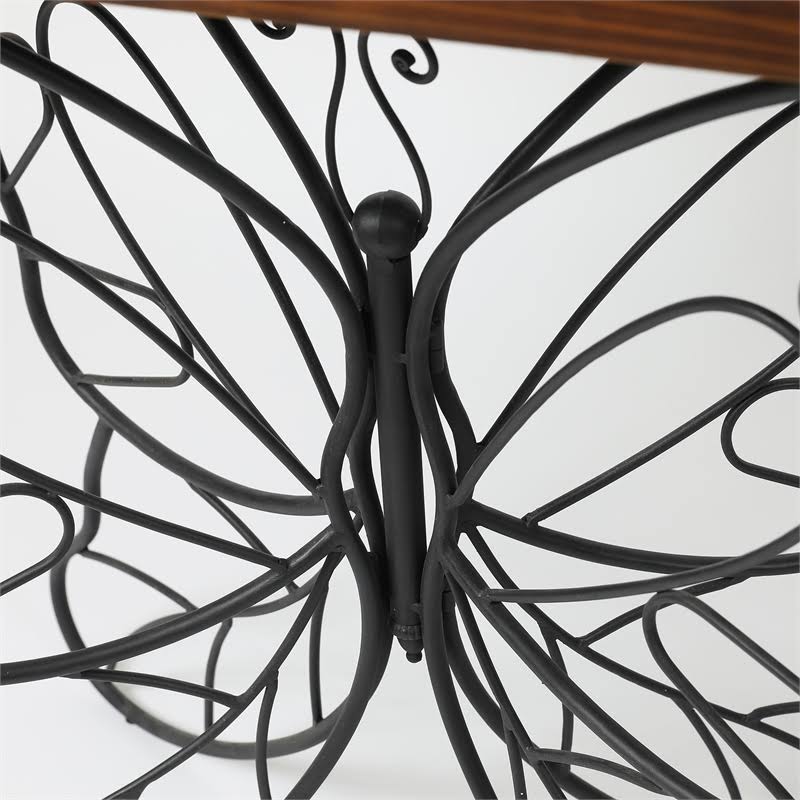 Dark Wood Tabletop Black Metal Butterfly Accent Table Q7909