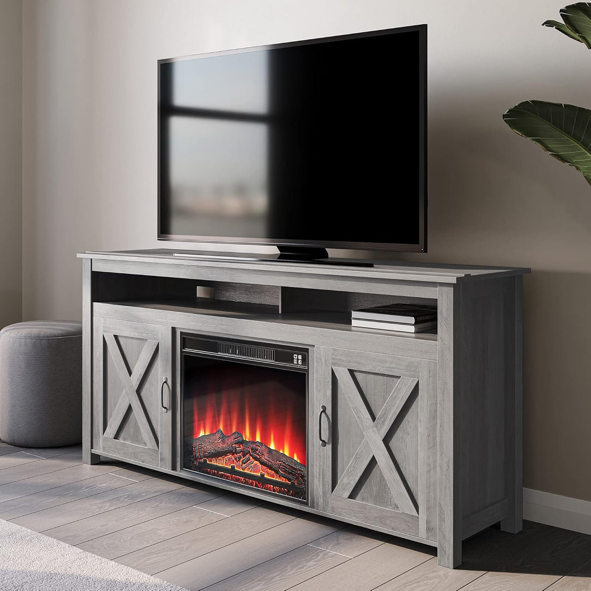 Barn Door Wood Electric Fireplace TV Stand with Two Open Shelves and Cabinets U1344