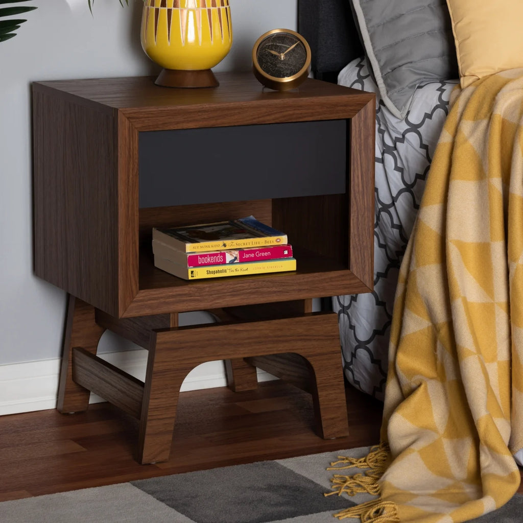 Walnut Brown and Dark Gray Wood 1-Drawer Nightstand D494758