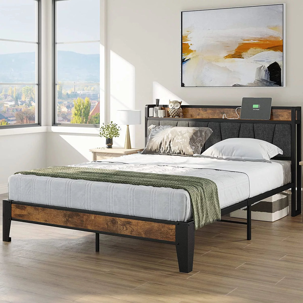 Queen Bed Frame with Storage Headboard and Charging Station Z1156