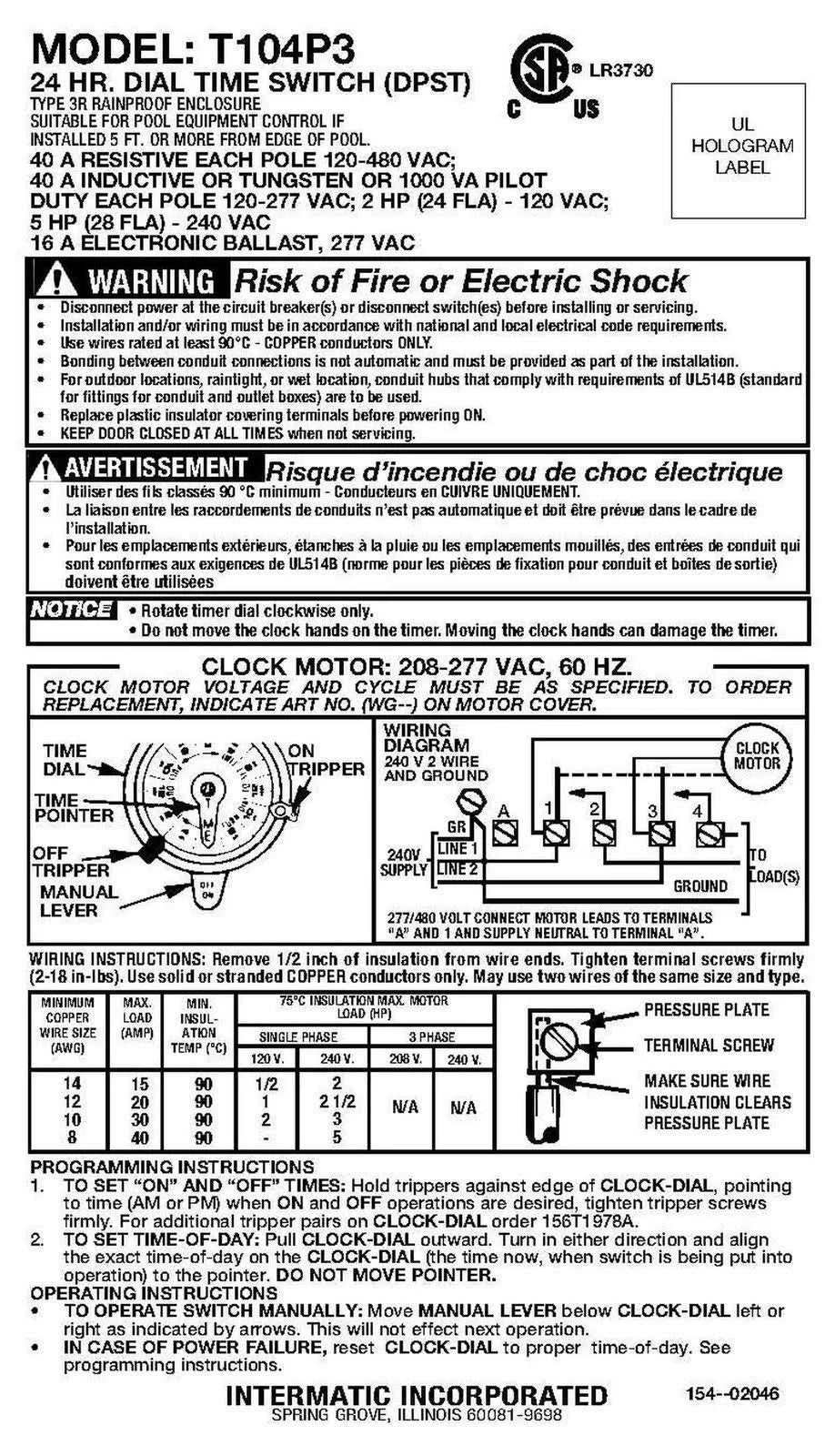 208-277 Volt 24 Hour Mechanical Time Switch P58364