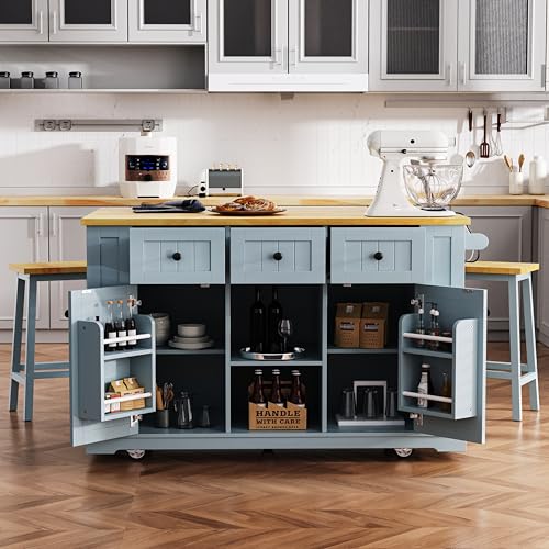 53" Rolling Kitchen Island Set with Power Outlet and Drop Leaf J574