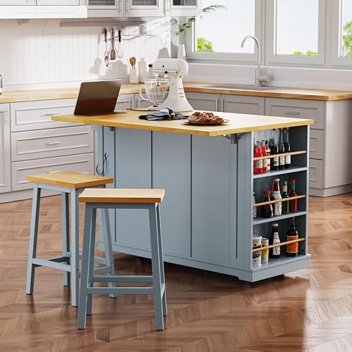53" Rolling Kitchen Island Set with Power Outlet and Drop Leaf J574