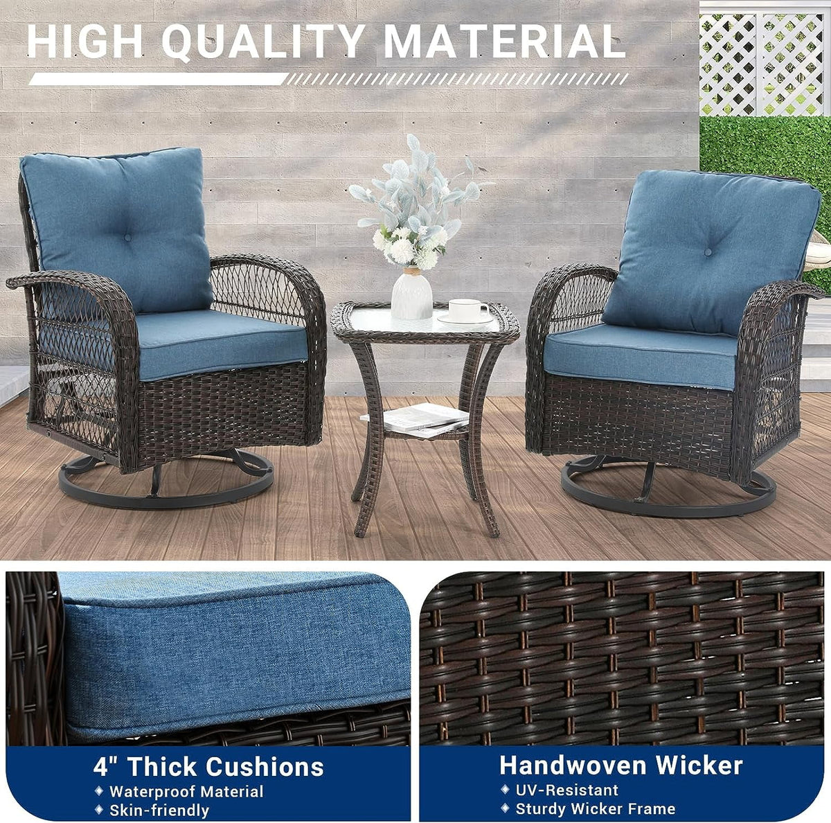 3 Pieces Wicker Patio Bistro Set with Glass Top Side Table I1536